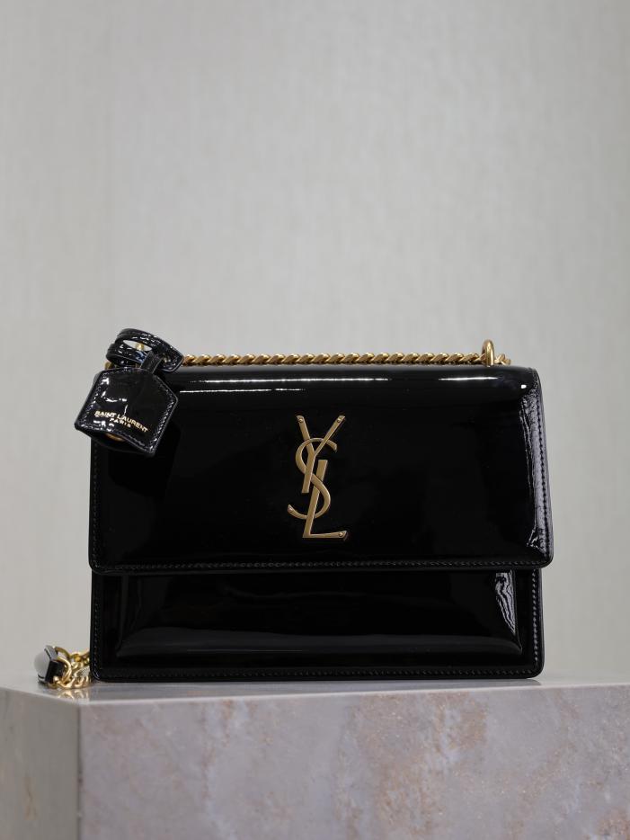 SAINT LAURENT pelle verniciata nera con fibbia dorata·sunset 22 cm tramonto