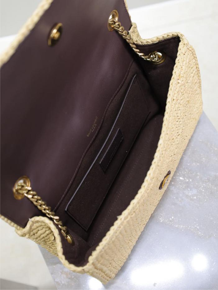 SAINT LAURENT rafia albicocca intrecciata con catena in pelle marrone Kate